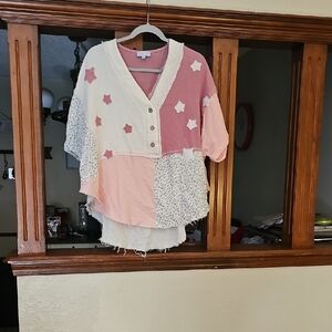 Women's Patchwork Button Down Shirt - Pink and Cream